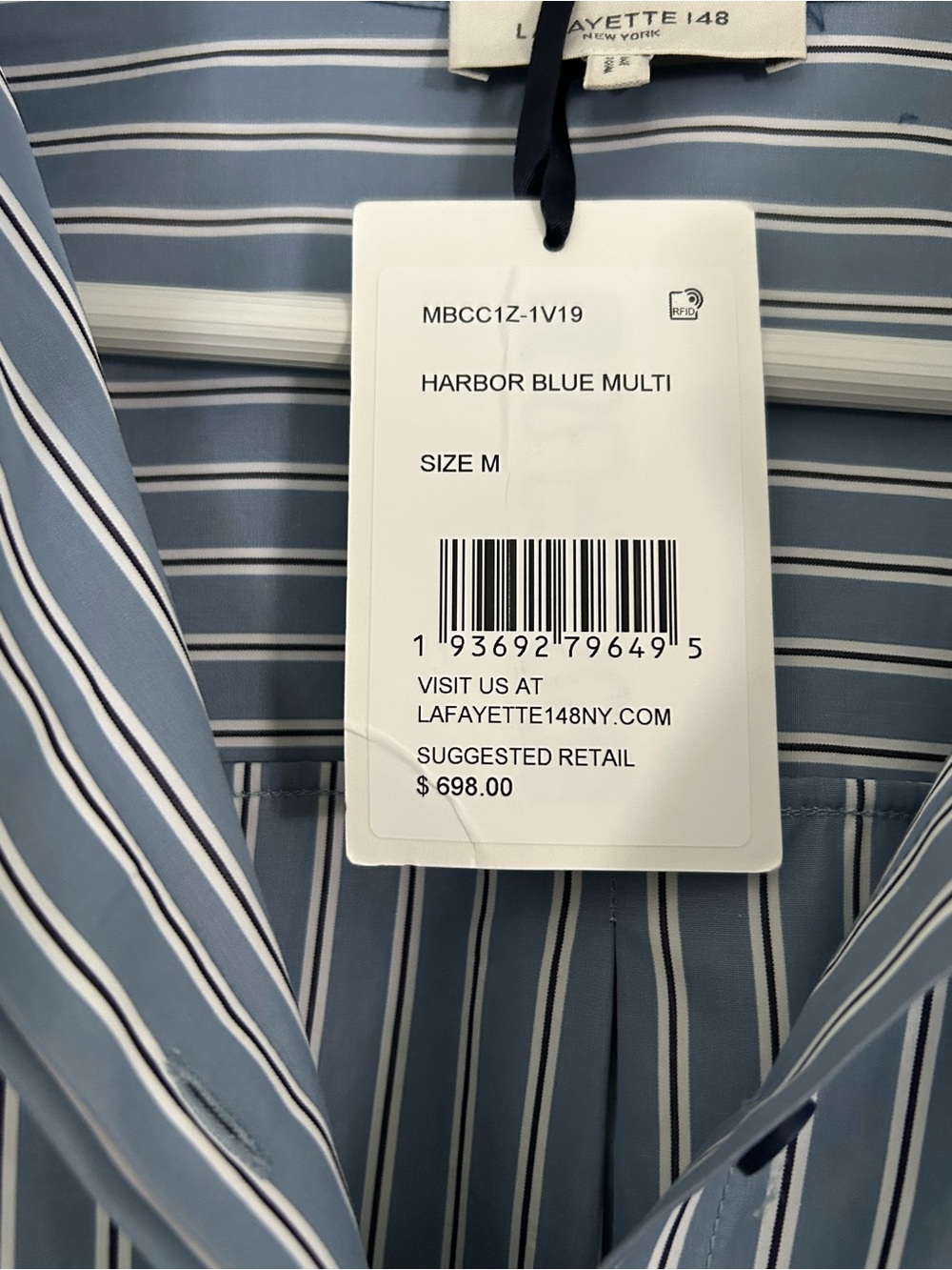 Lafayette 148 Harbor Blue Multi Stripe Button Down Shirt in Cotton Size Medium - Picture 6 of 10